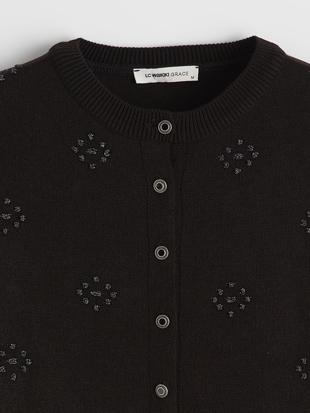 Siyah Bisiklet Yaka Nakışlı Kadın Triko Hırka-1