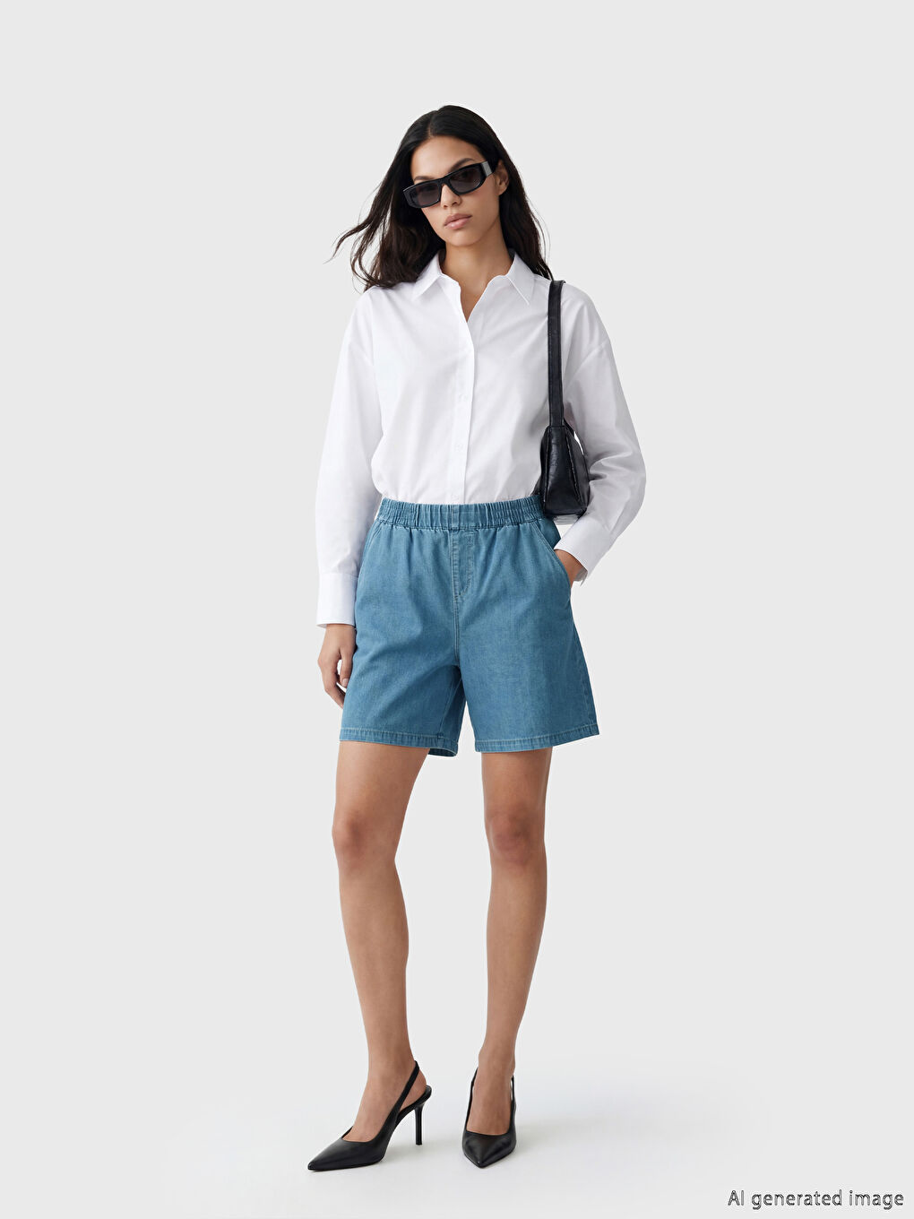 İndigo Beli Lastikli Kadın Jean Şort