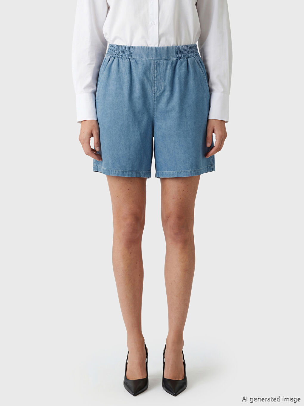 İndigo Beli Lastikli Kadın Jean Şort-1