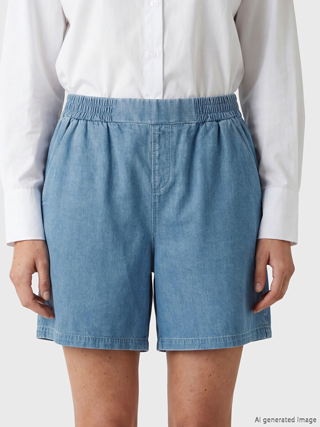 İndigo Beli Lastikli Kadın Jean Şort-2