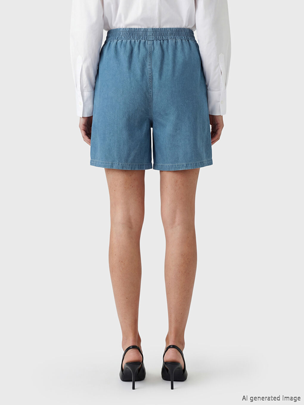 İndigo Beli Lastikli Kadın Jean Şort-3