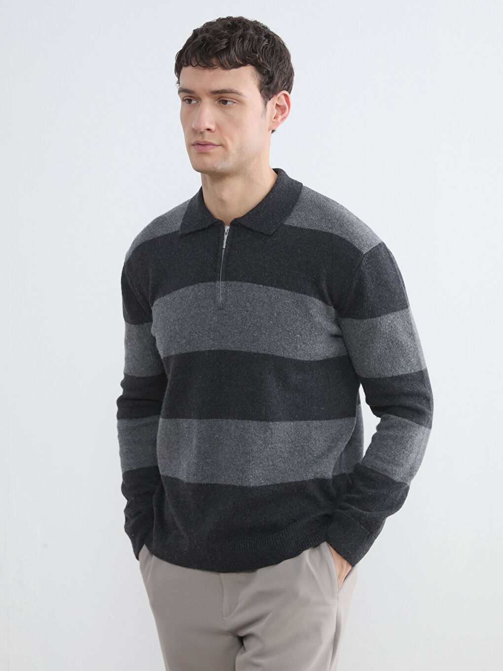 Antrasit Polo Yaka Yün Karışımlı Erkek Triko Kazak-2