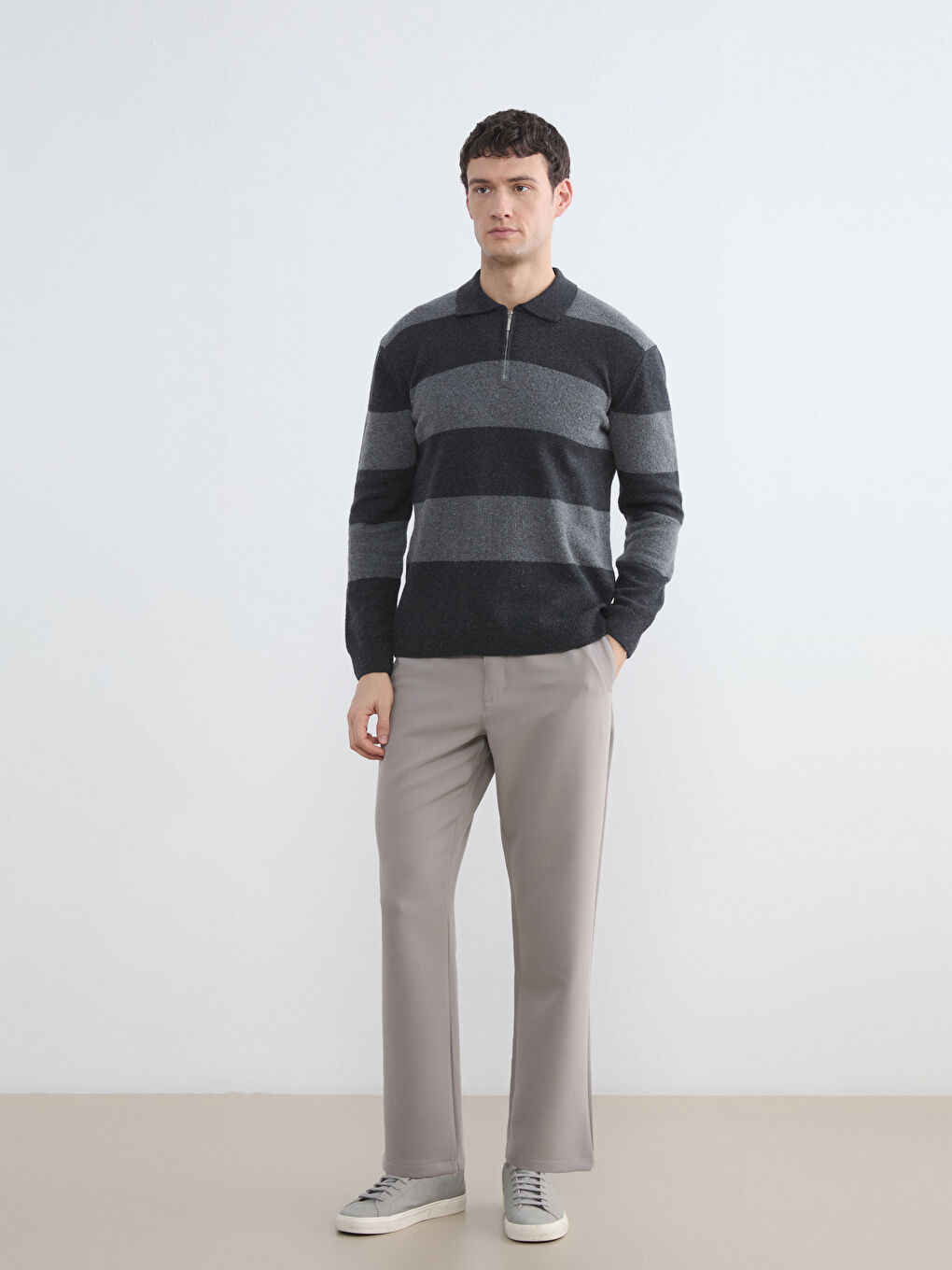 Antrasit Polo Yaka Yün Karışımlı Erkek Triko Kazak-3
