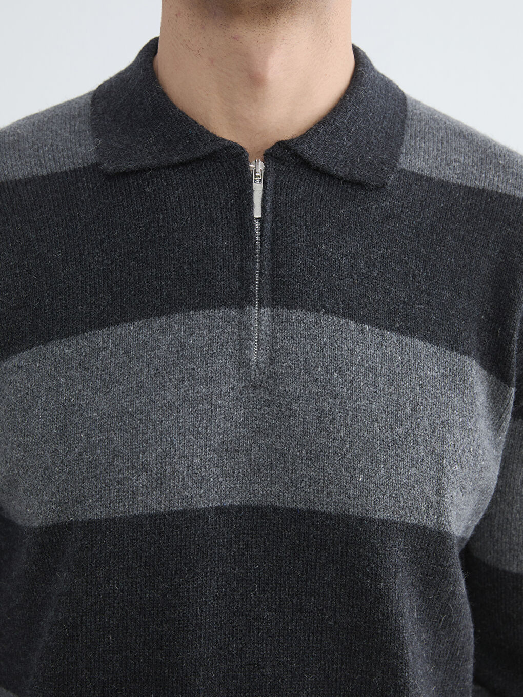 Antrasit Polo Yaka Yün Karışımlı Erkek Triko Kazak-4