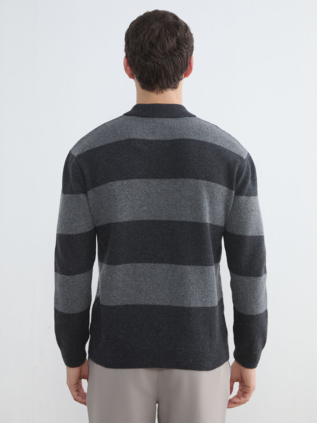 Antrasit Polo Yaka Yün Karışımlı Erkek Triko Kazak-5