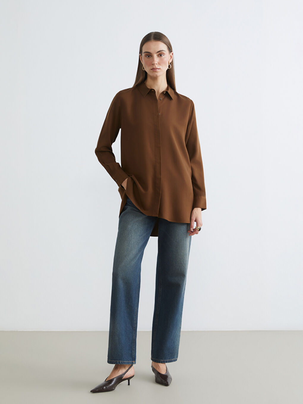 Kahverengi Gabardin Kadın Gömlek Tunik-1
