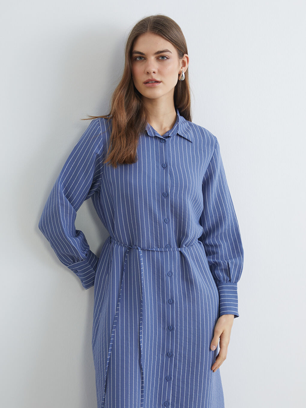 Mavi Çizgili Kuşaklı Poplin Gömlek Elbise-1