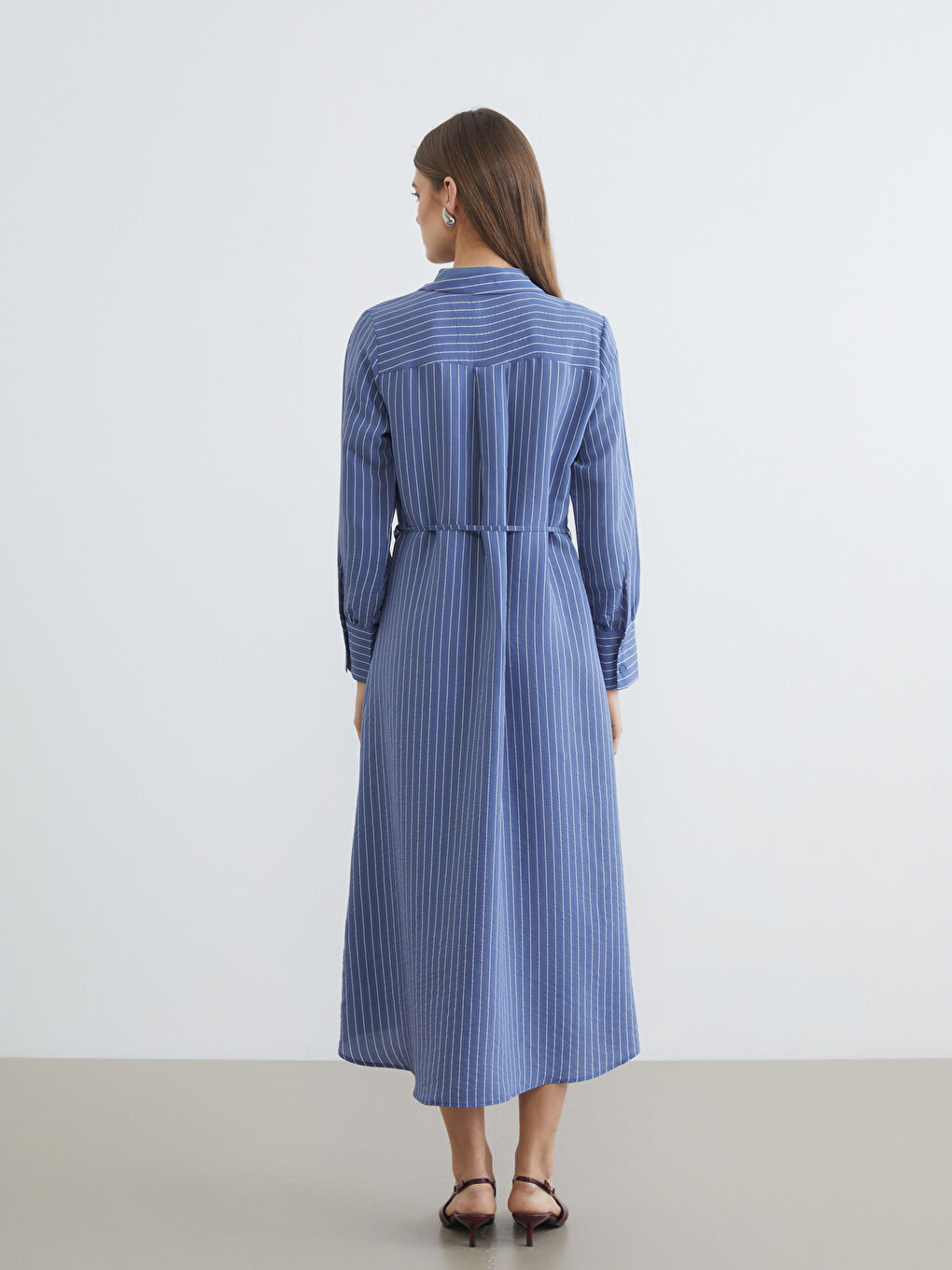 Mavi Çizgili Kuşaklı Poplin Gömlek Elbise-3