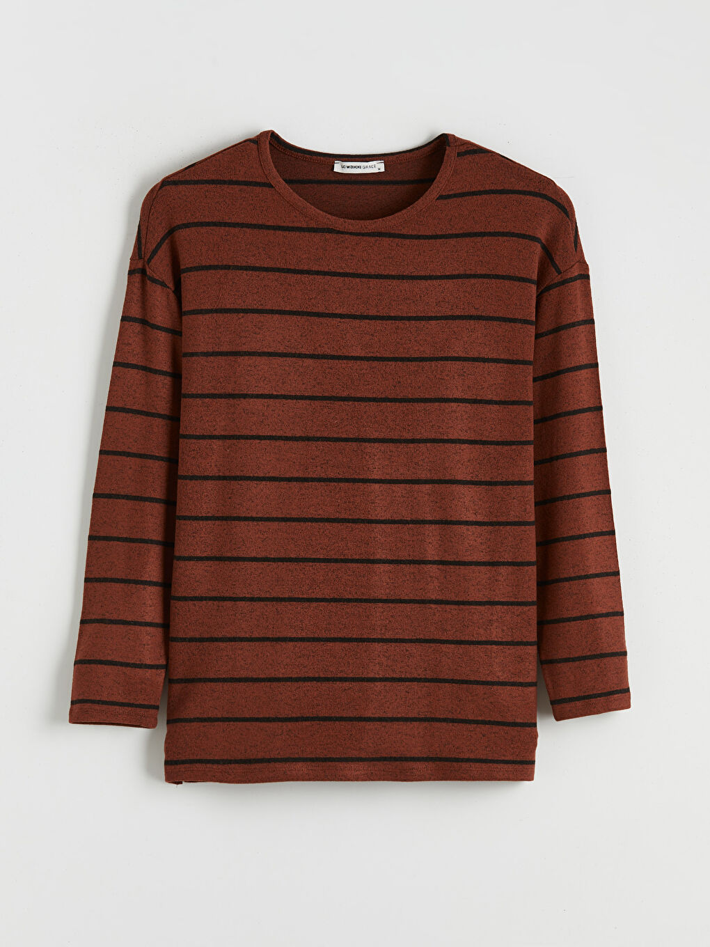 Kahverengi Bisiklet Yaka Çizgili Kadın Tişört-4