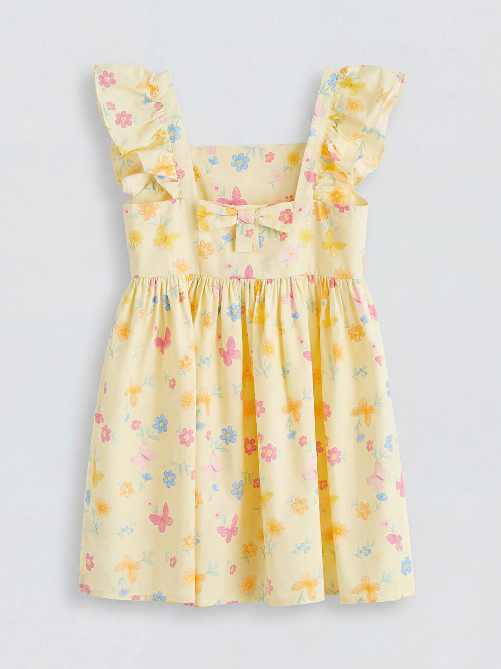 Ekru Kare Yaka Desenli Kız Çocuk Elbise-1