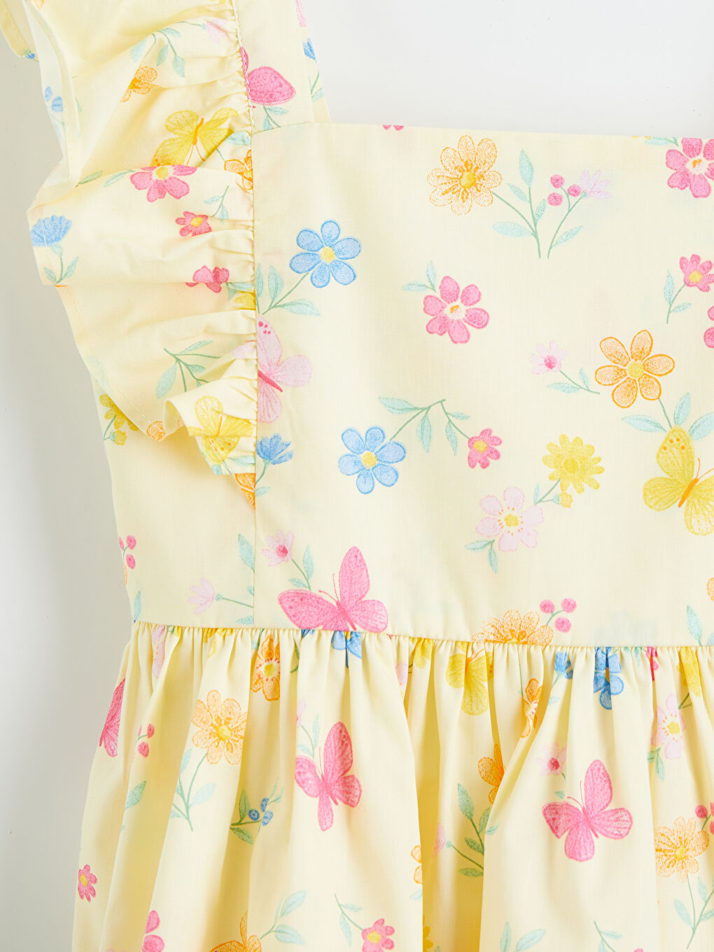 Ekru Kare Yaka Desenli Kız Çocuk Elbise-2