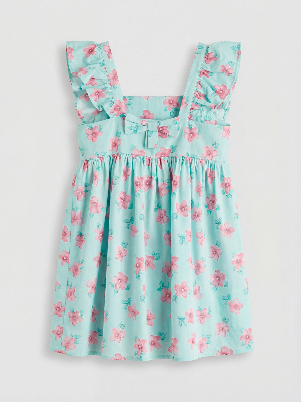 Yeşil Kare Yaka Desenli Kız Çocuk Elbise-1