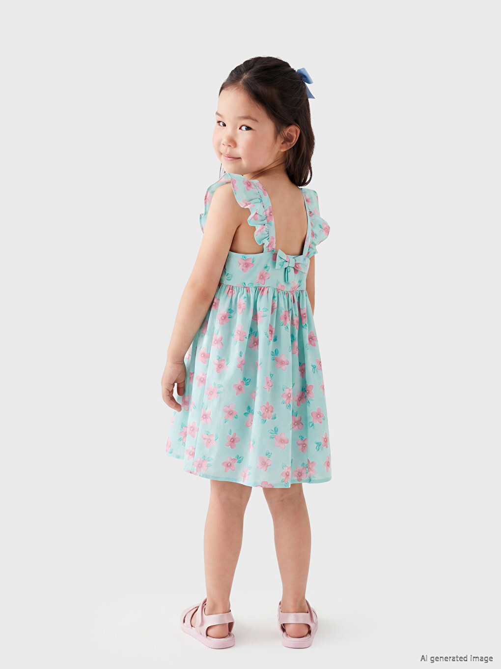Square Neck Patterned Girls' Dress-1