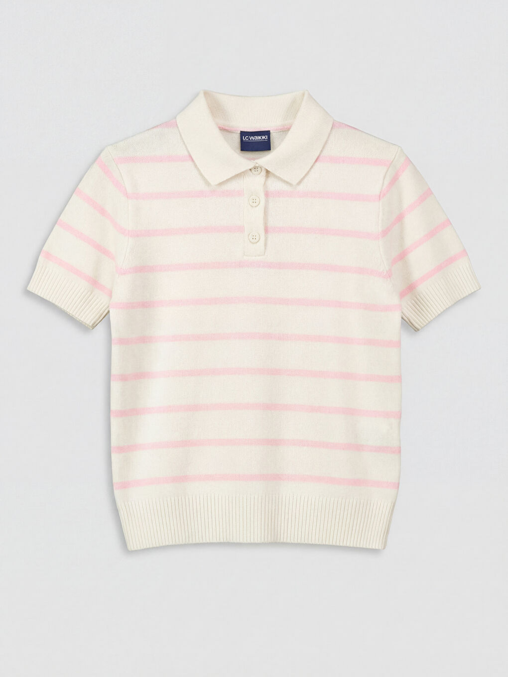 Pembe Kısa Kollu Çizgili Polo Yaka Kız Çocuk Triko Kazak