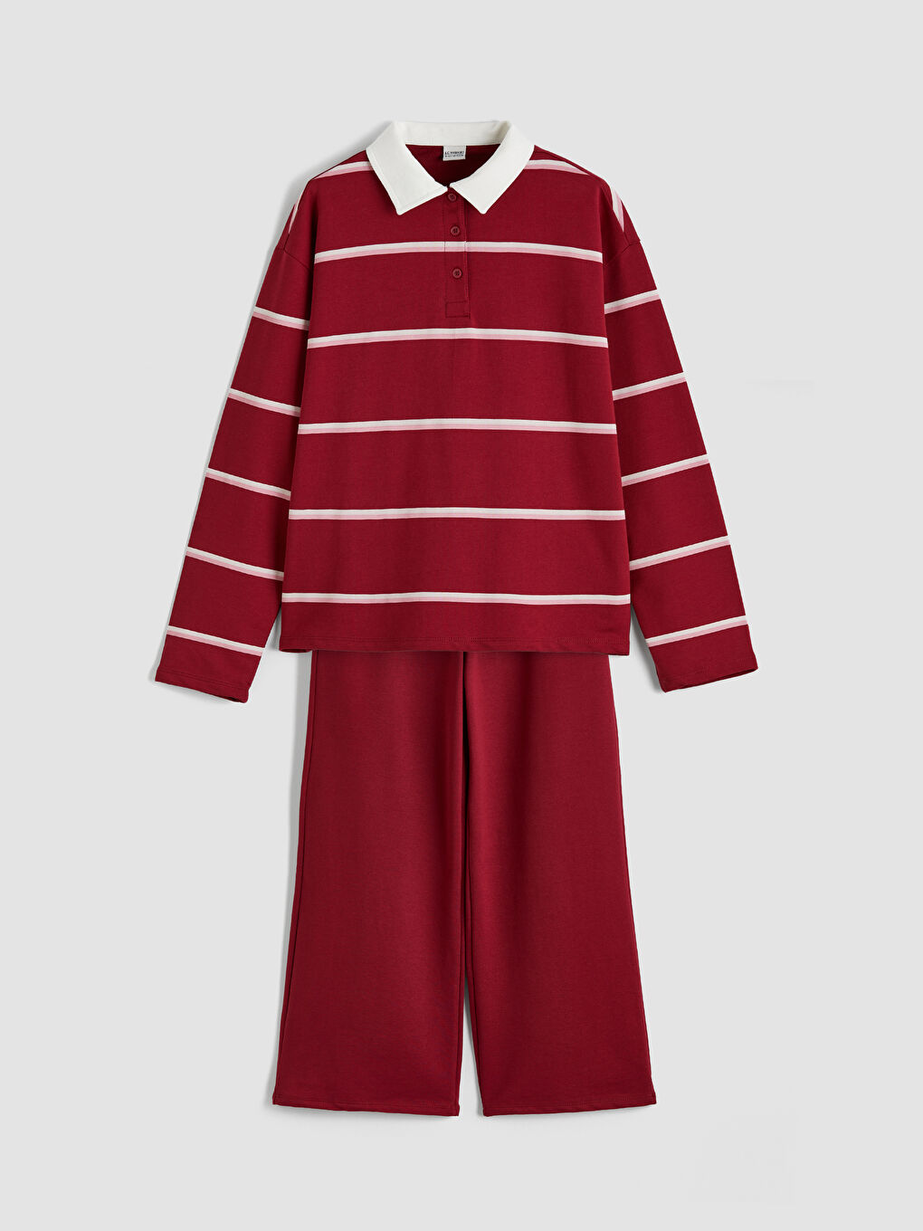 Bordo Polo Yaka Çizgili Kız Çocuk Sweatshirt ve Eşofman Altı