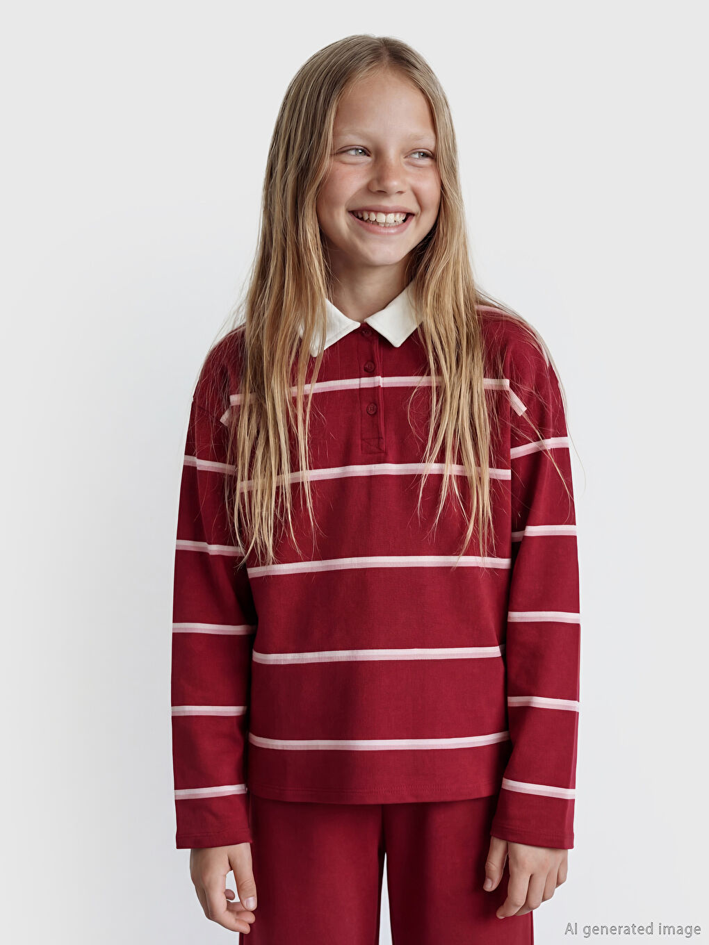 Bordo Polo Yaka Çizgili Kız Çocuk Sweatshirt ve Eşofman Altı-1
