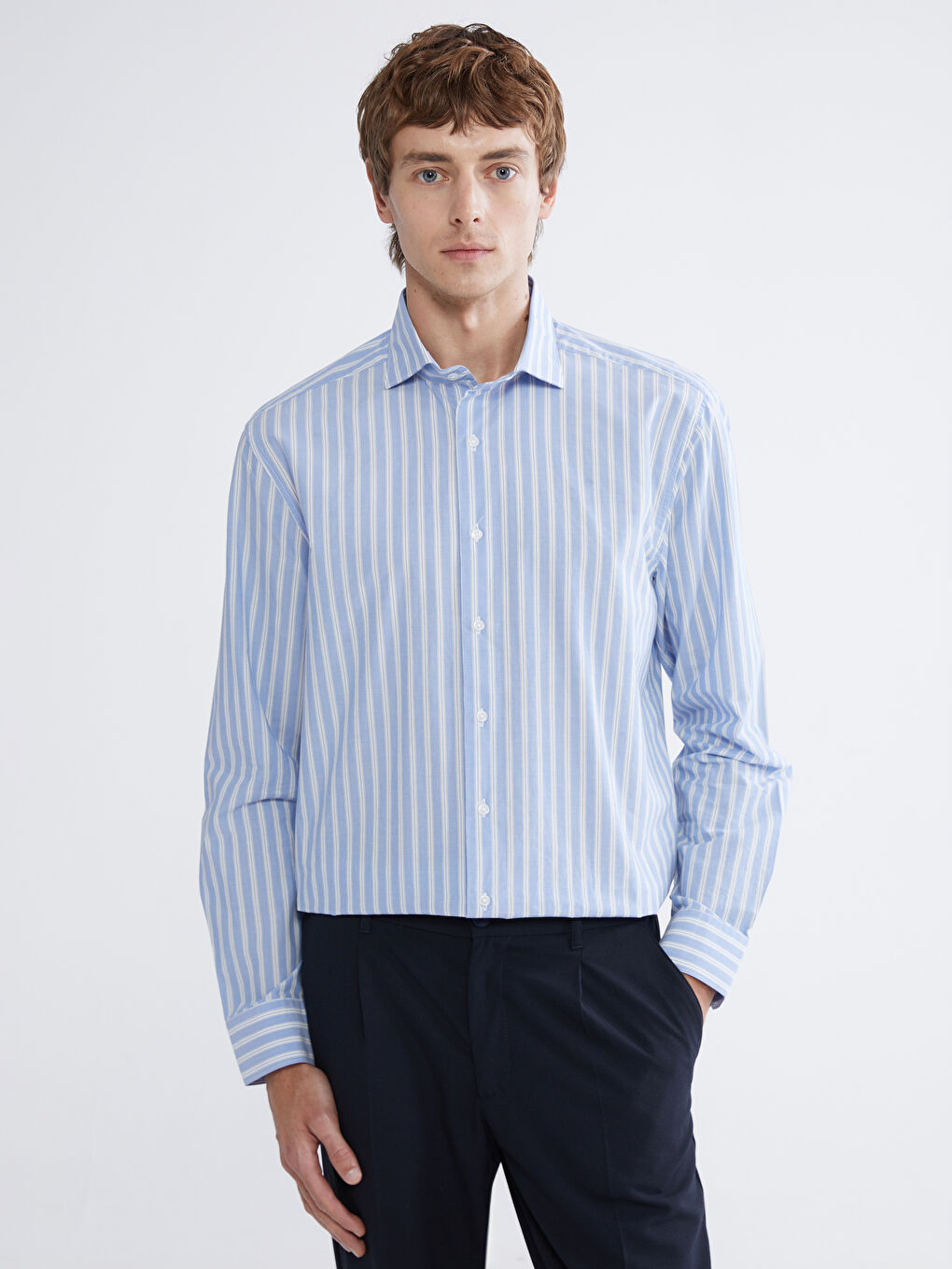 Mavi Regular Fit Çizgili Poplin Erkek Gömlek