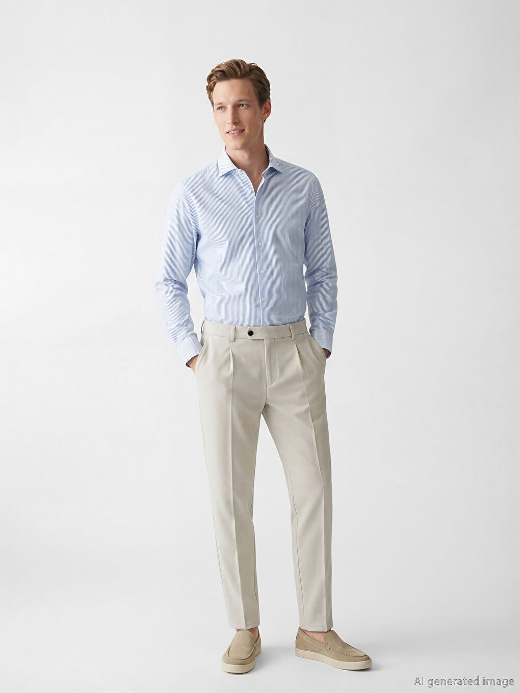 Beyaz Regular Fit Çizgili Poplin Erkek Gömlek-1