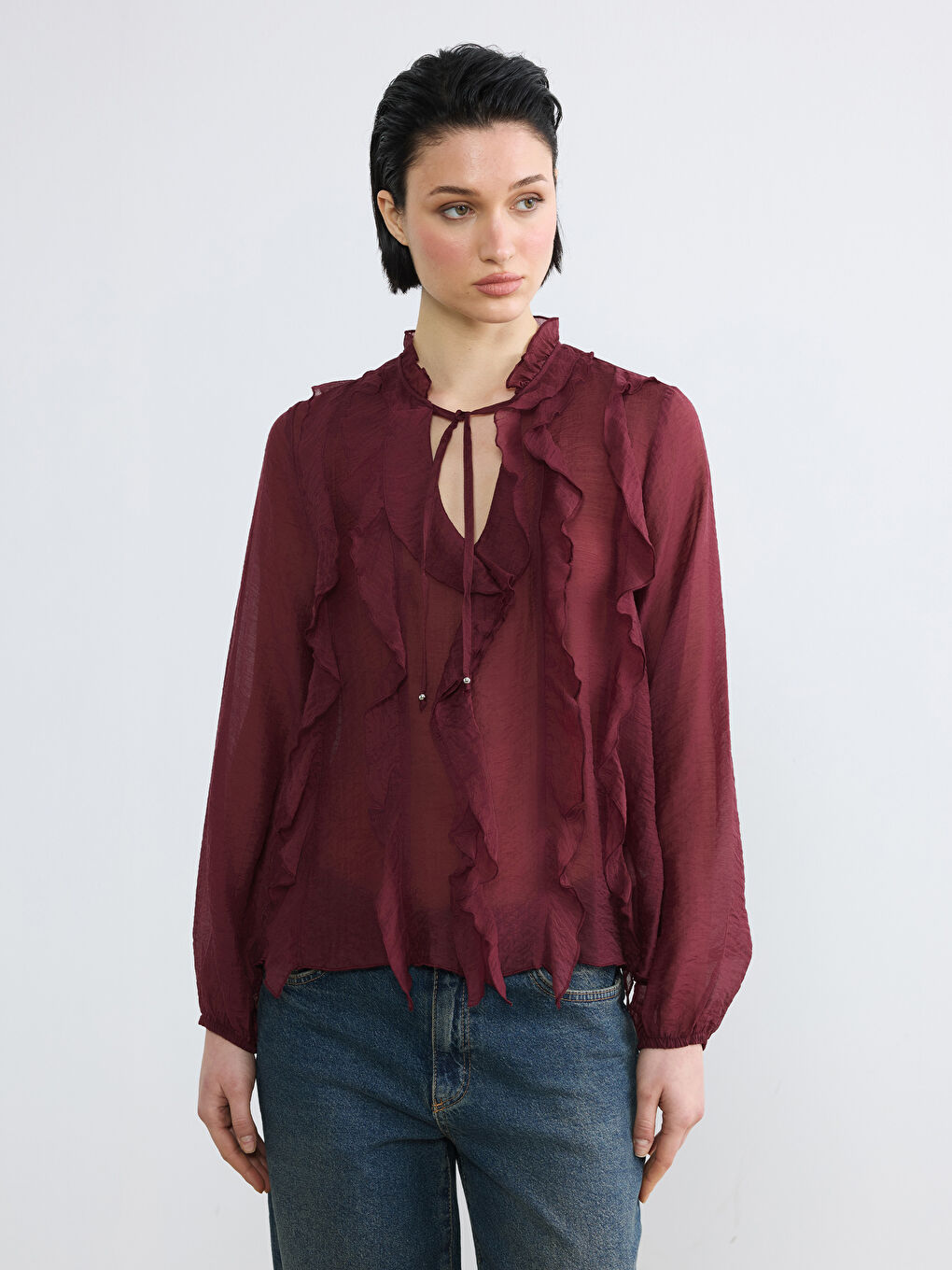 Bordo Bağlamalı Yaka Fırfırlı Bluz