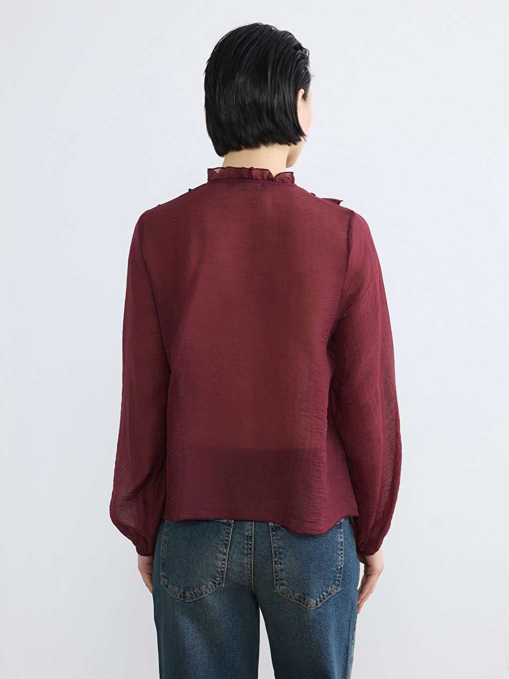 Bordo Bağlamalı Yaka Fırfırlı Bluz-3