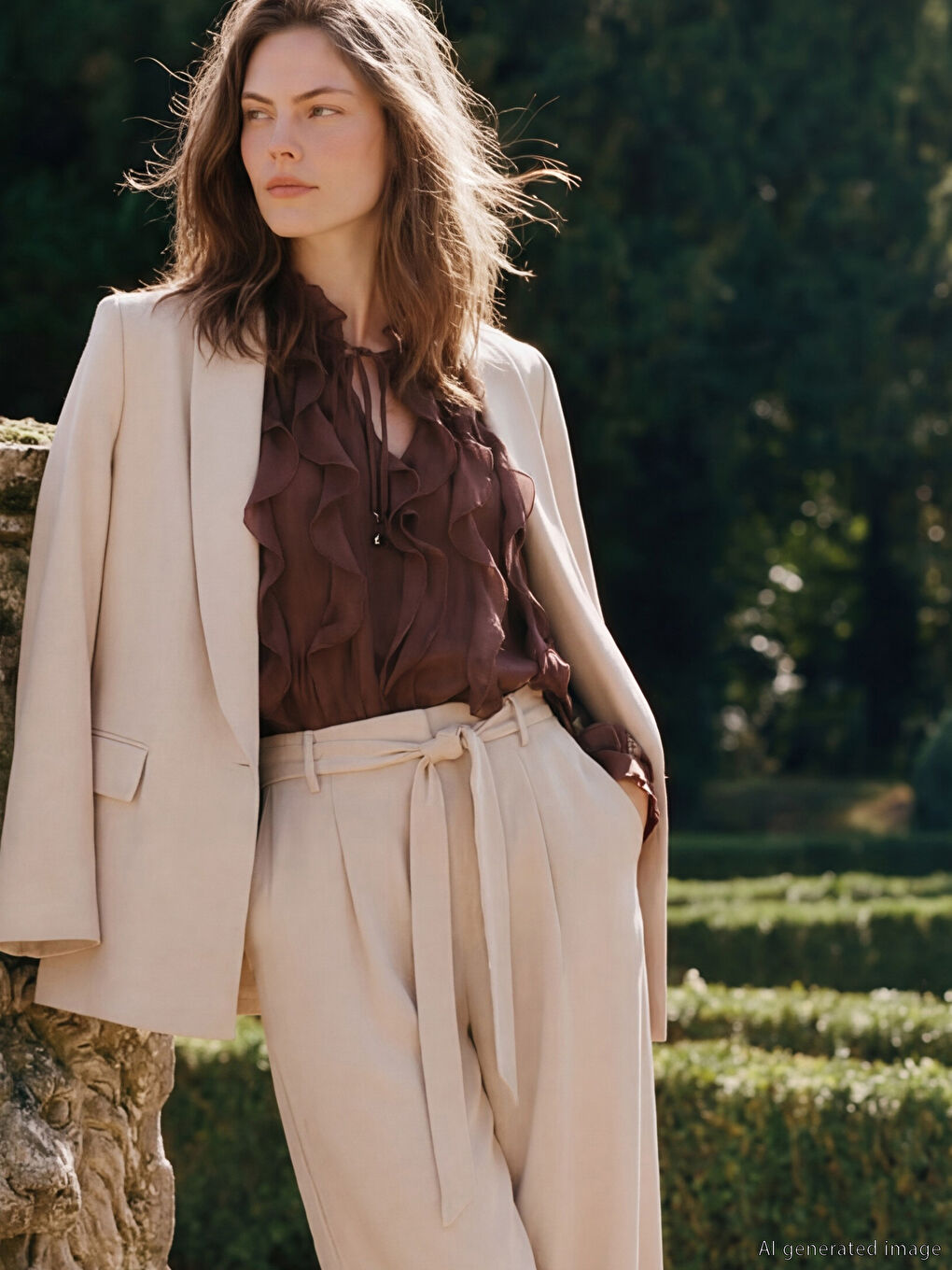 Kahverengi Bağlamalı Yaka Fırfırlı Bluz