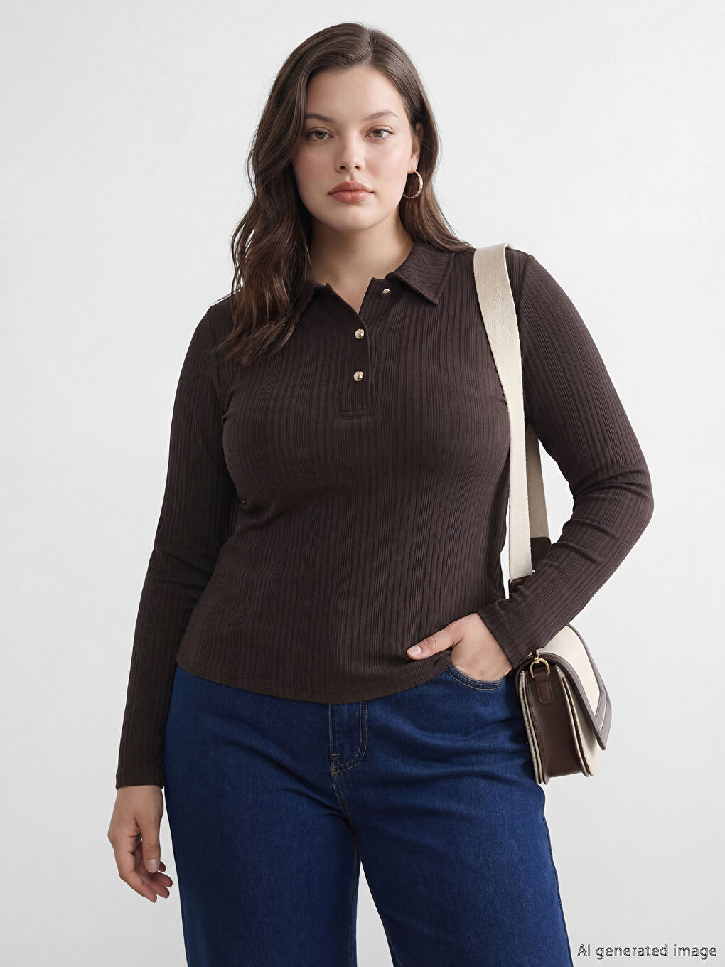 Kahverengi Polo Yaka Kadın Body-1