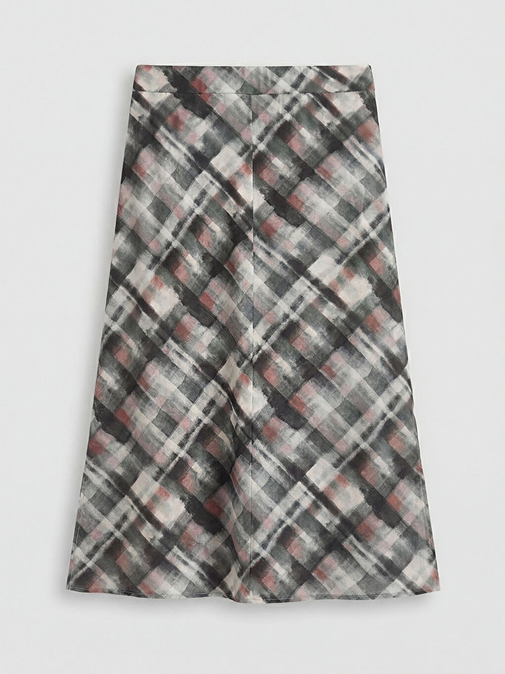 Gri Beli Lastikli Ekose Yırtmaçlı Etek-1