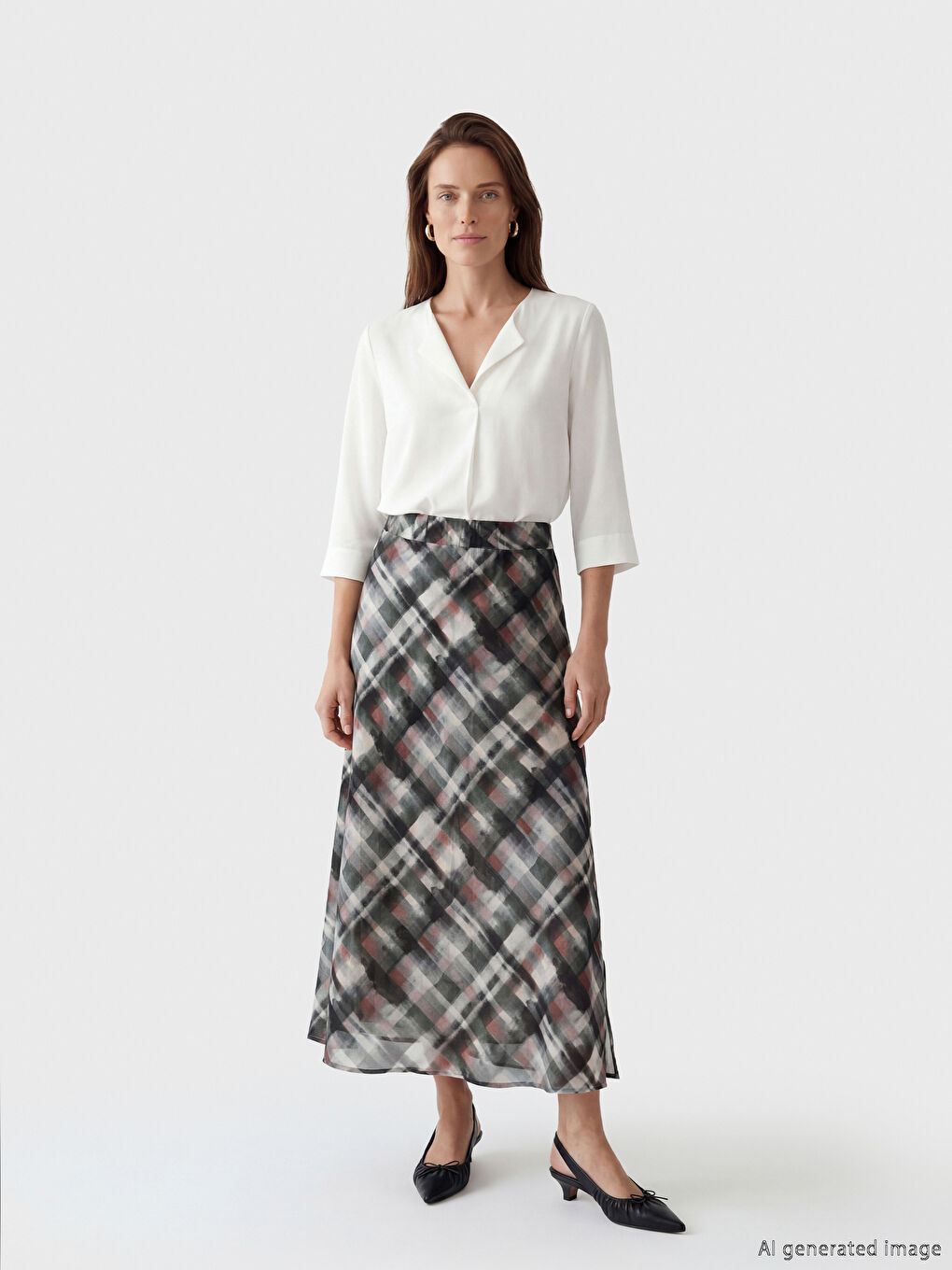 Gri Beli Lastikli Ekose Yırtmaçlı Etek