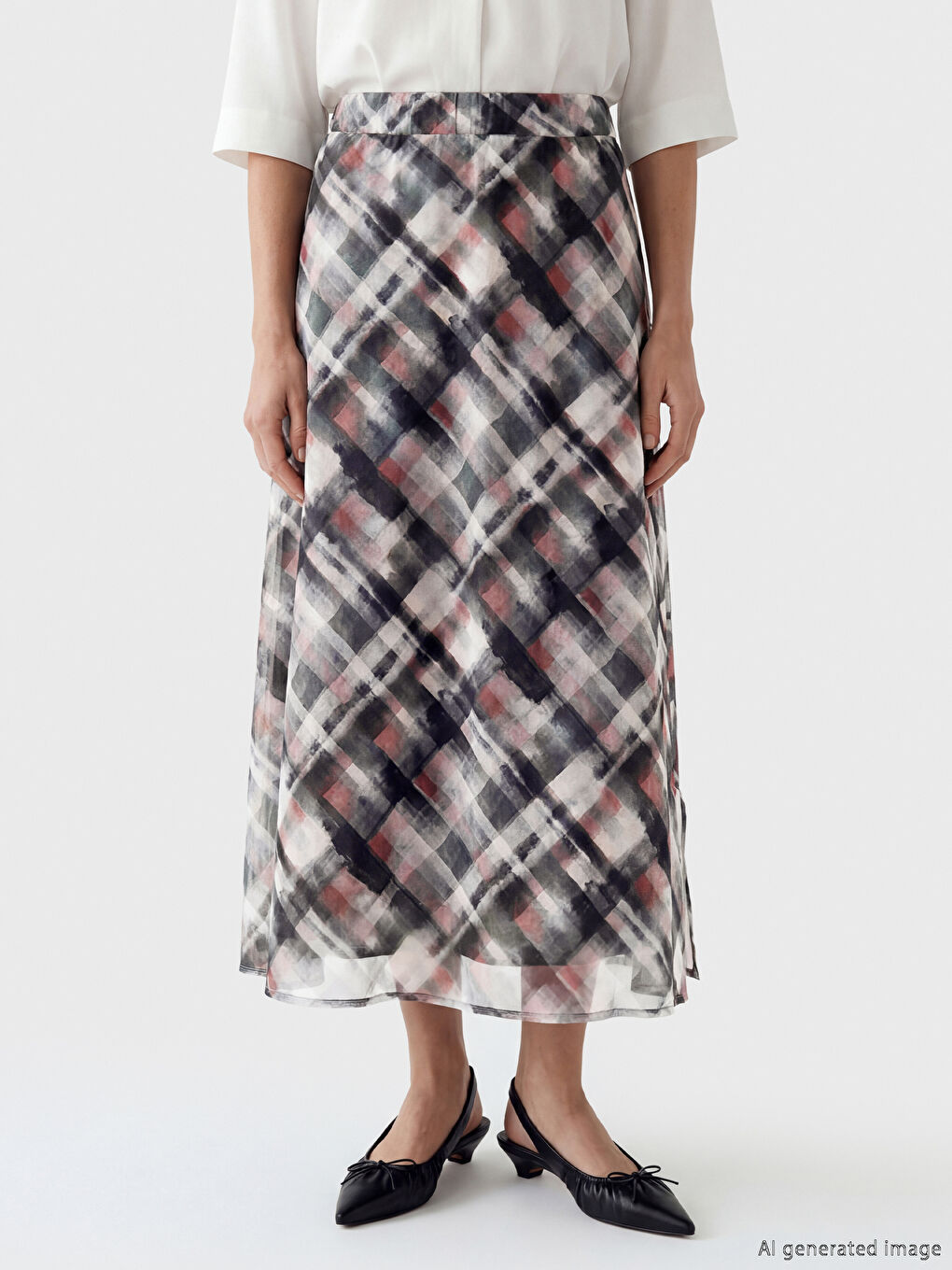 Gri Beli Lastikli Ekose Yırtmaçlı Etek-1