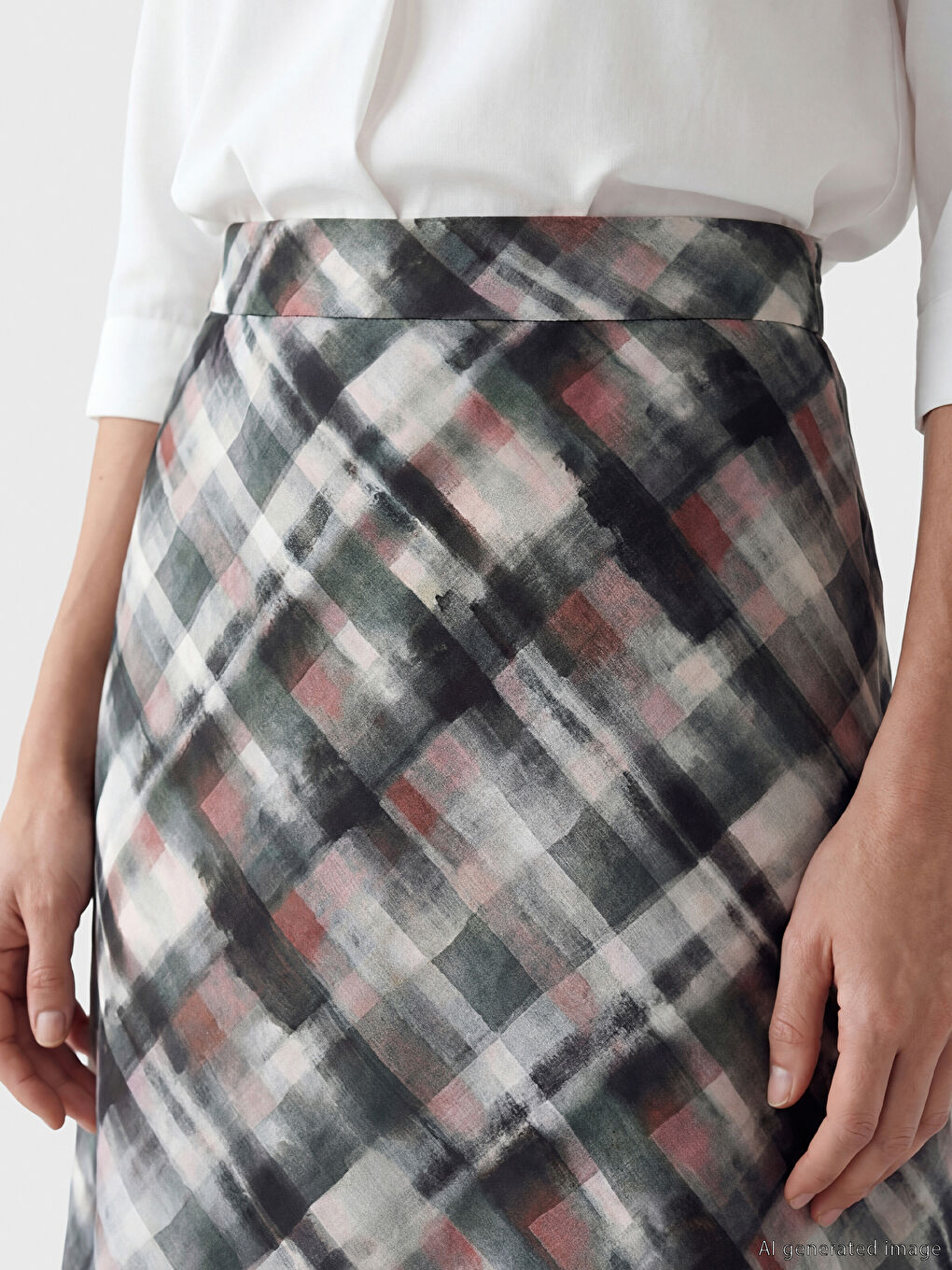 Gri Beli Lastikli Ekose Yırtmaçlı Etek-2