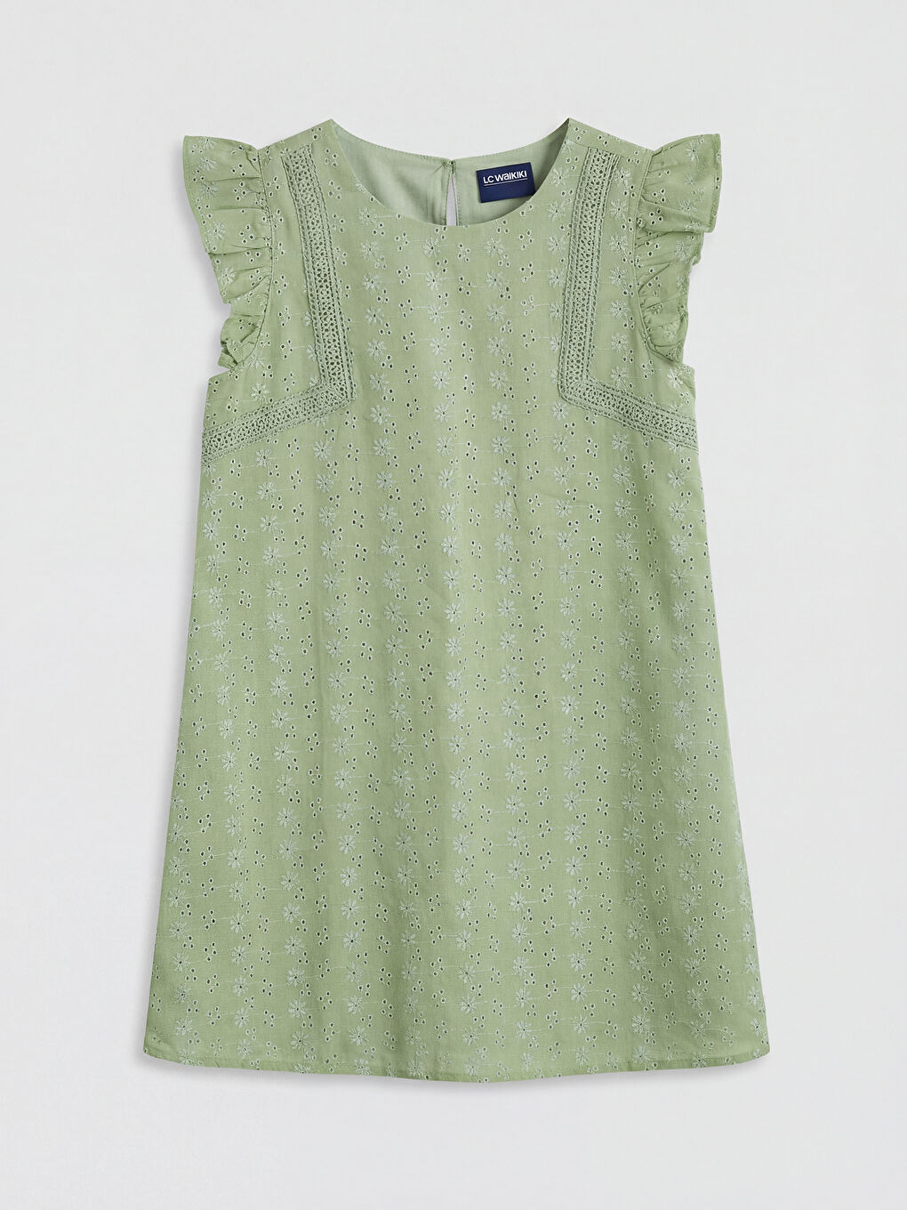 Yeşil Bisiklet Yaka Fırfırlı Kız Çocuk Brode Elbise