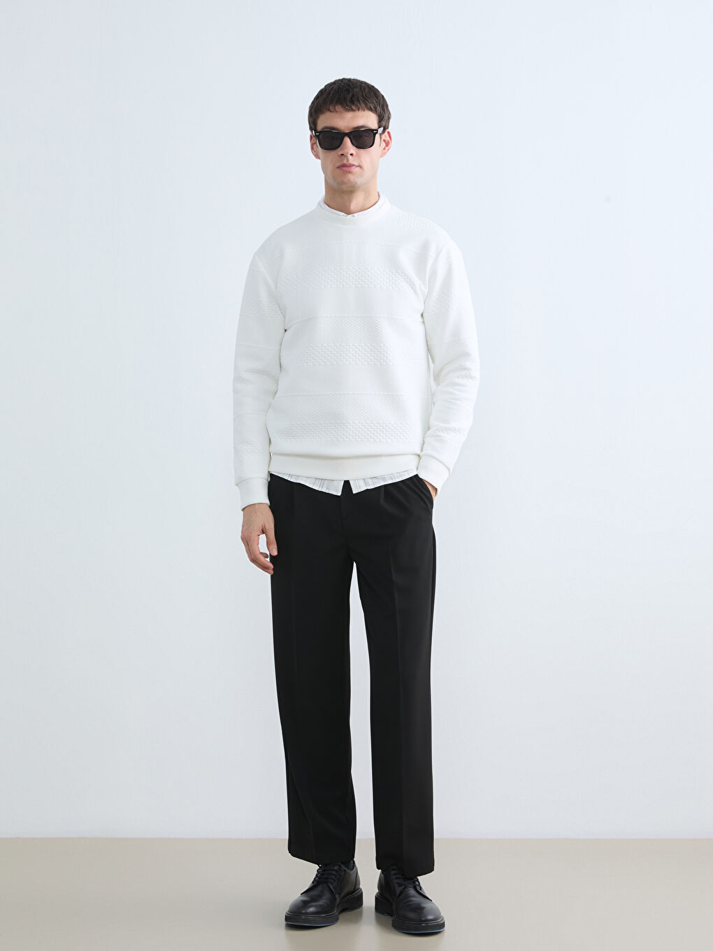 Ekru Bisiklet Yaka Erkek Sweatshirt-1