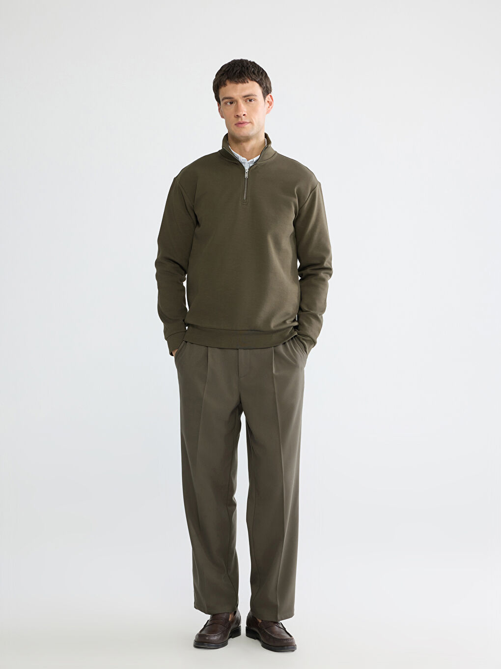 Haki Dik Yaka Erkek Sweatshirt-1