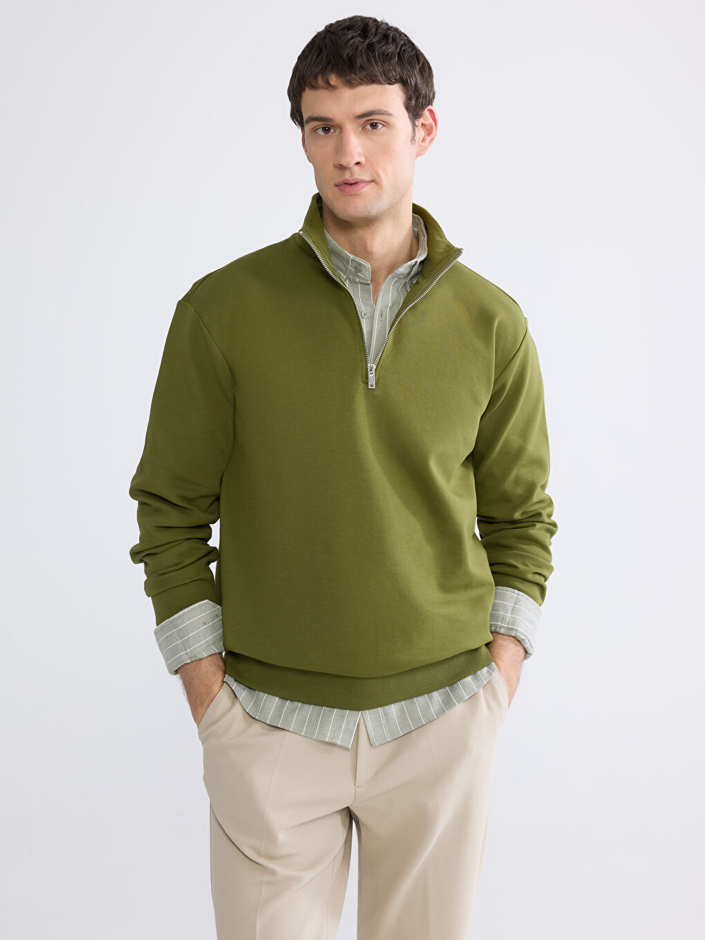 Haki Dik Yaka Erkek Sweatshirt