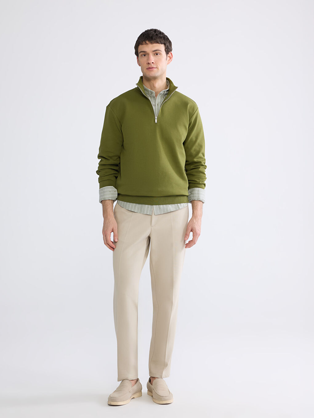 Haki Dik Yaka Erkek Sweatshirt-1