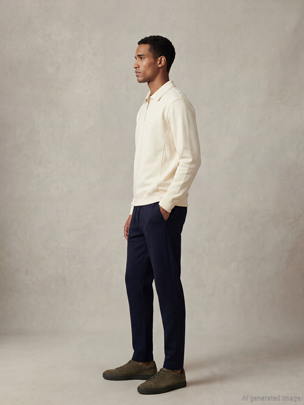 Ekru Fermuarlı Polo Yaka Erkek Sweatshirt-1