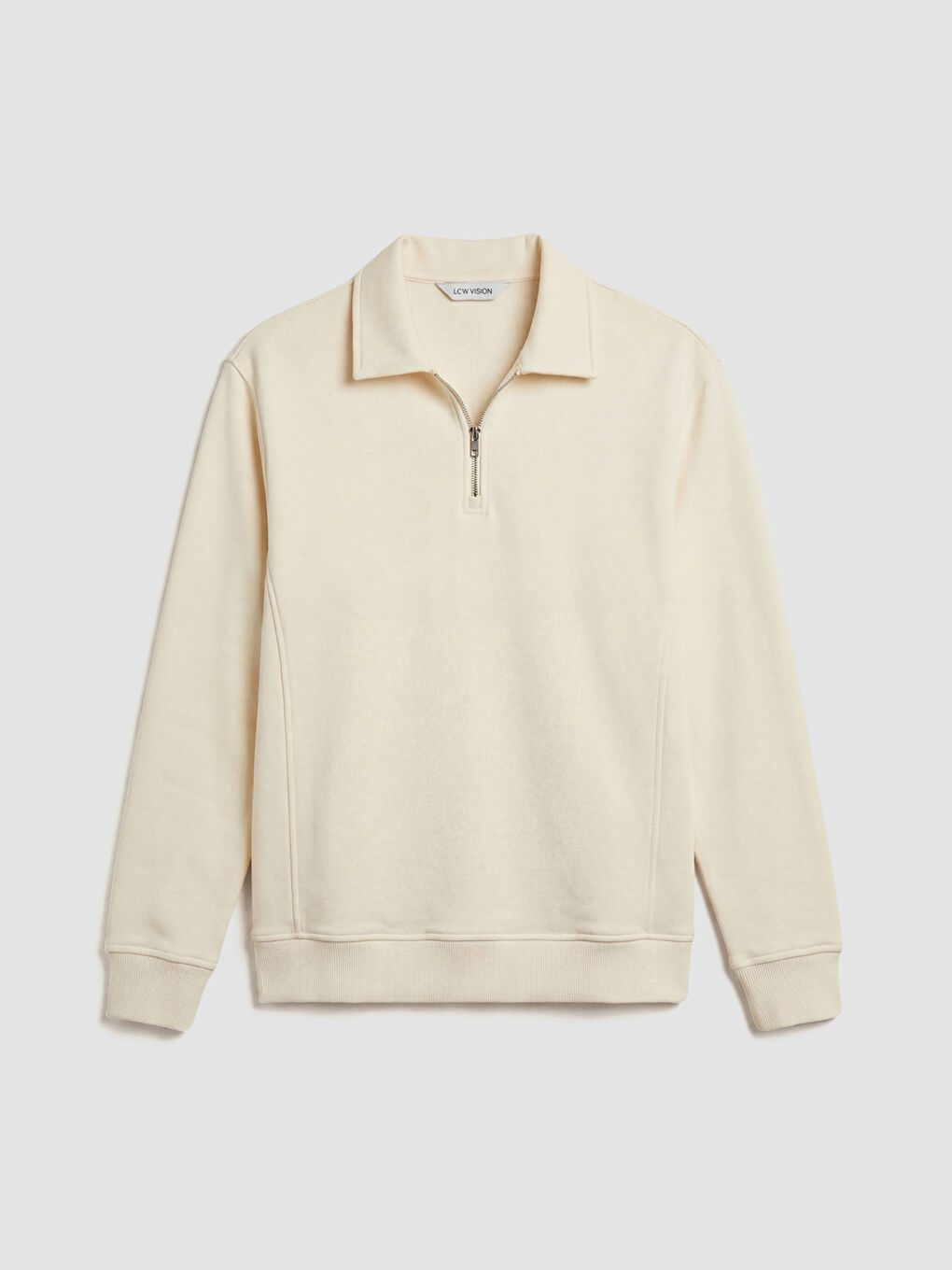 Ekru Fermuarlı Polo Yaka Erkek Sweatshirt