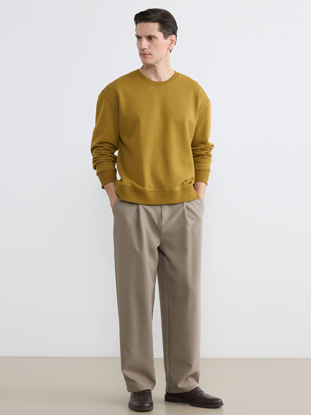 Yeşil Erkek Bisiklet Yaka 3 İplik Şardonlu Sweatshirt-3