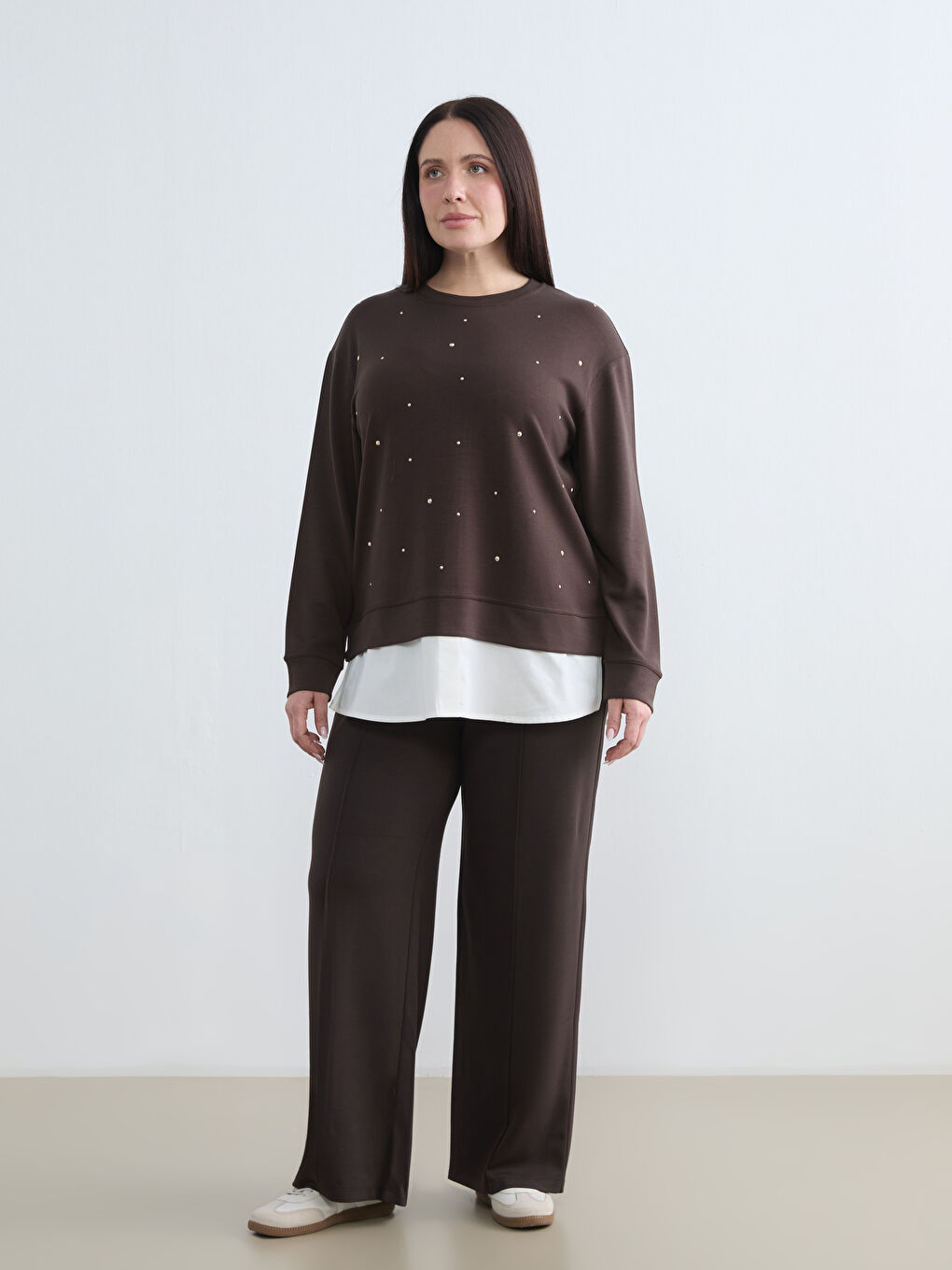 Kahverengi Bisiklet Yaka Taşlı Kadın Sweatshirt	-5