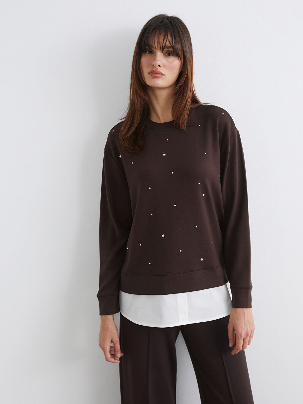 Kahverengi Bisiklet Yaka Taşlı Kadın Sweatshirt	-1