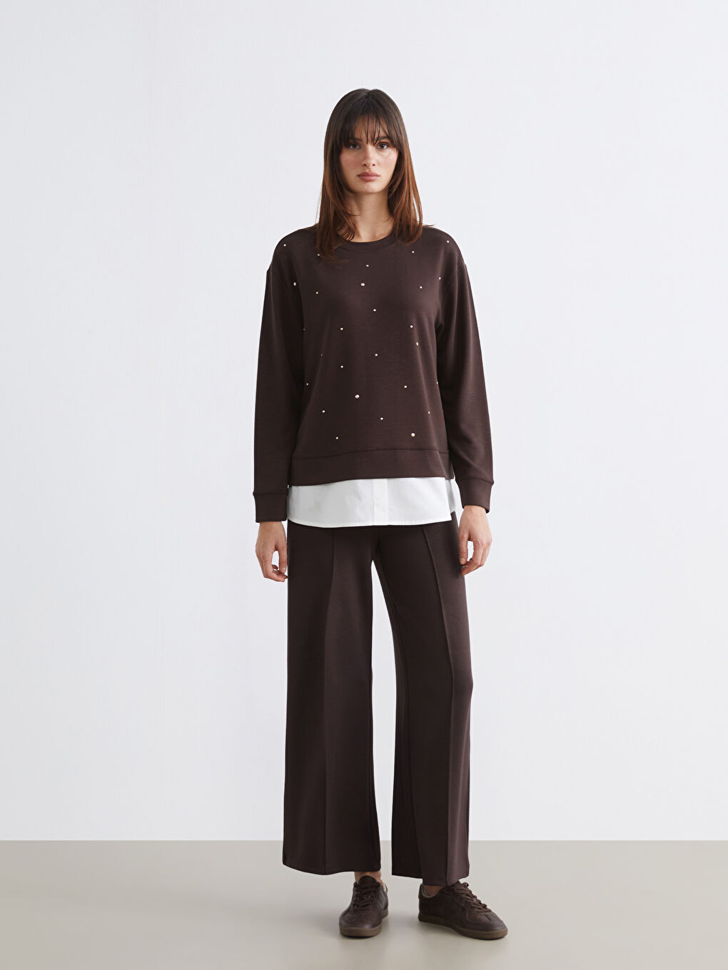 Kahverengi Bisiklet Yaka Taşlı Kadın Sweatshirt	-4