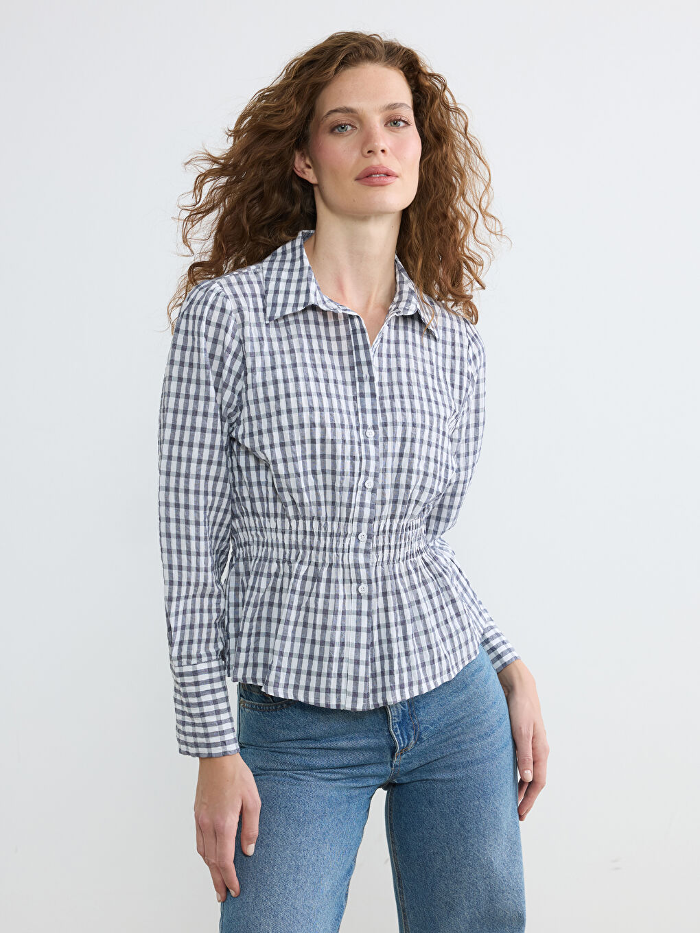 Lacivert Ekose Büzgülü Kadın Gömlek