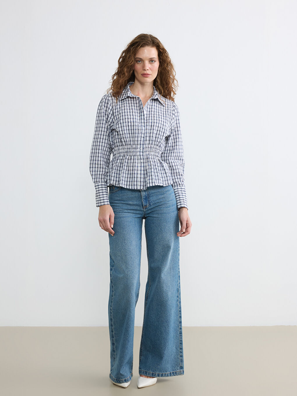 Lacivert Ekose Büzgülü Kadın Gömlek-1