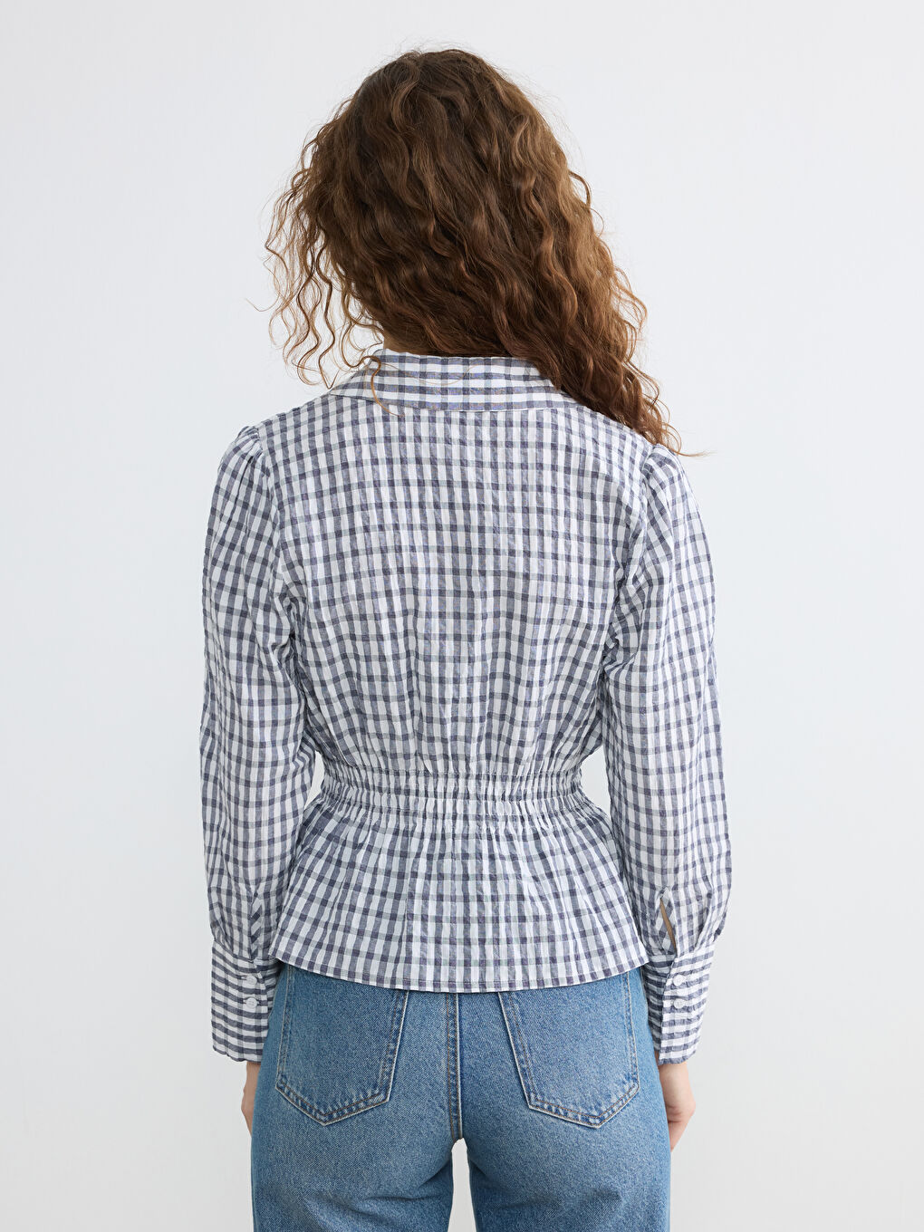 Lacivert Ekose Büzgülü Kadın Gömlek-3