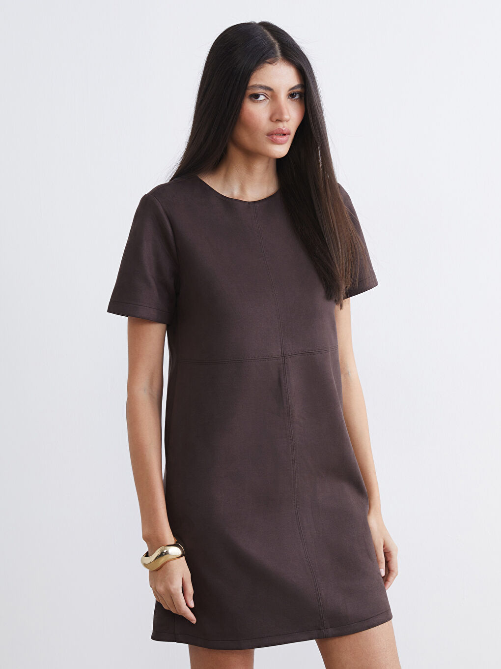 Kahverengi Bisiklet Yaka Mini Elbise-1