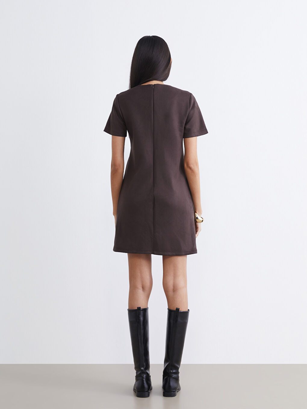 Kahverengi Bisiklet Yaka Mini Elbise-3