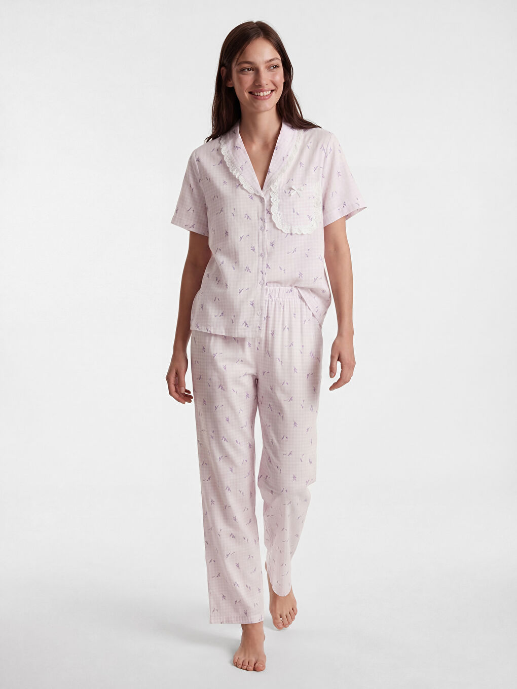 Ekru Dantelli Gömlek Yaka Kadın Pijama Takım-1