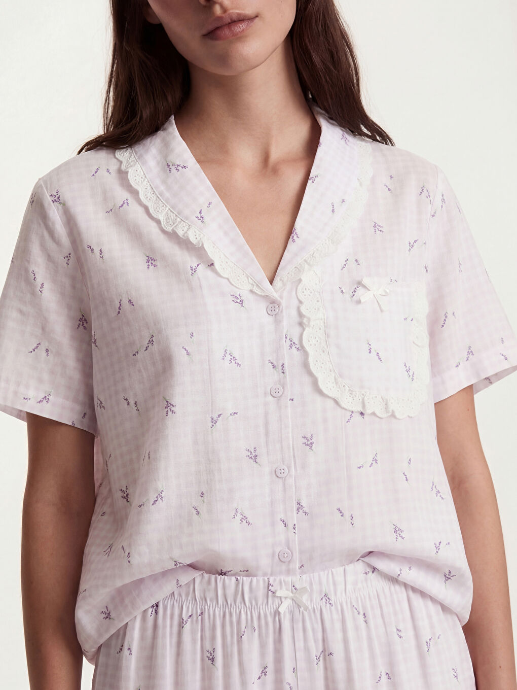 Ekru Dantelli Gömlek Yaka Kadın Pijama Takım-2