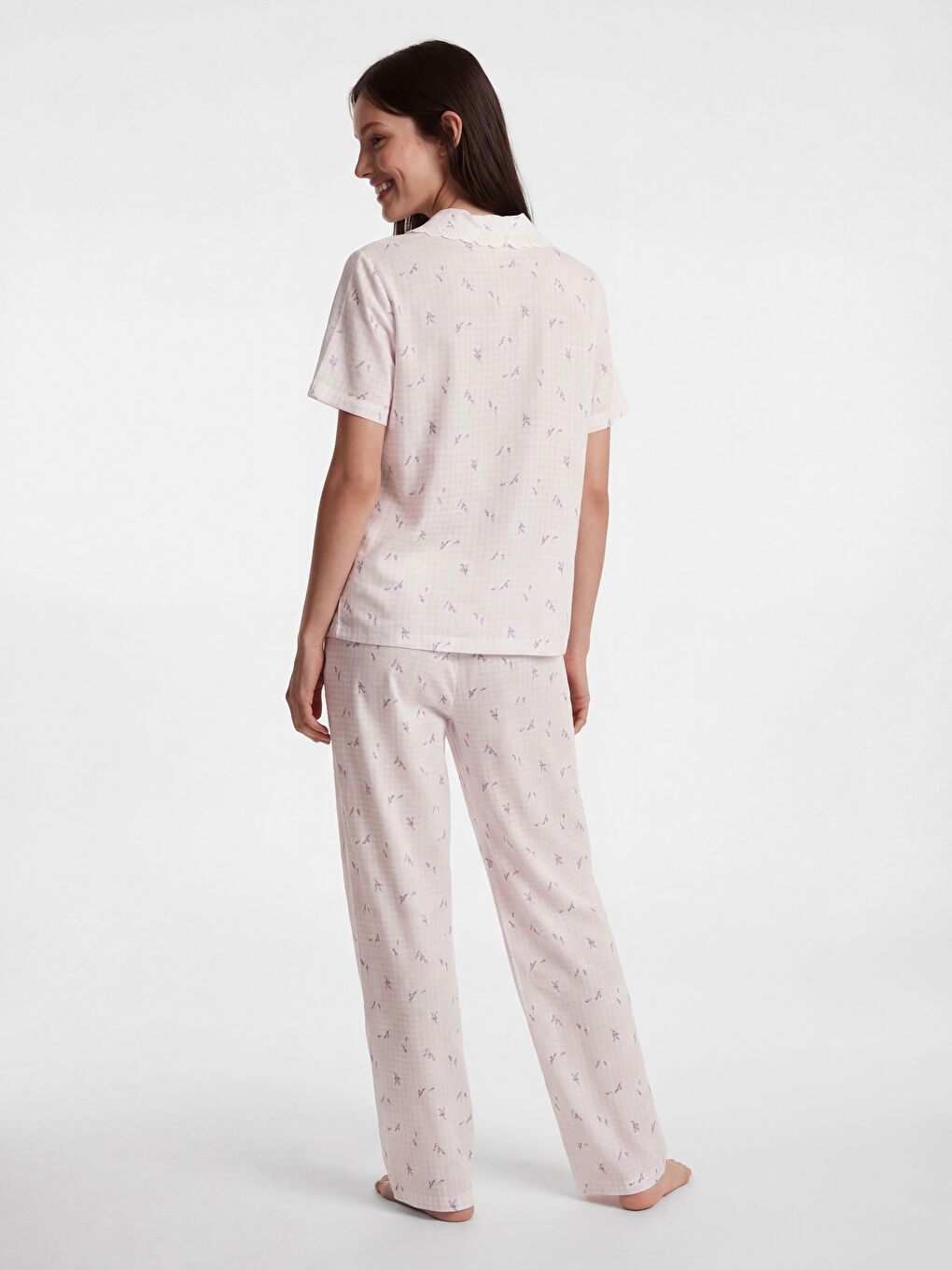 Ekru Dantelli Gömlek Yaka Kadın Pijama Takım-3