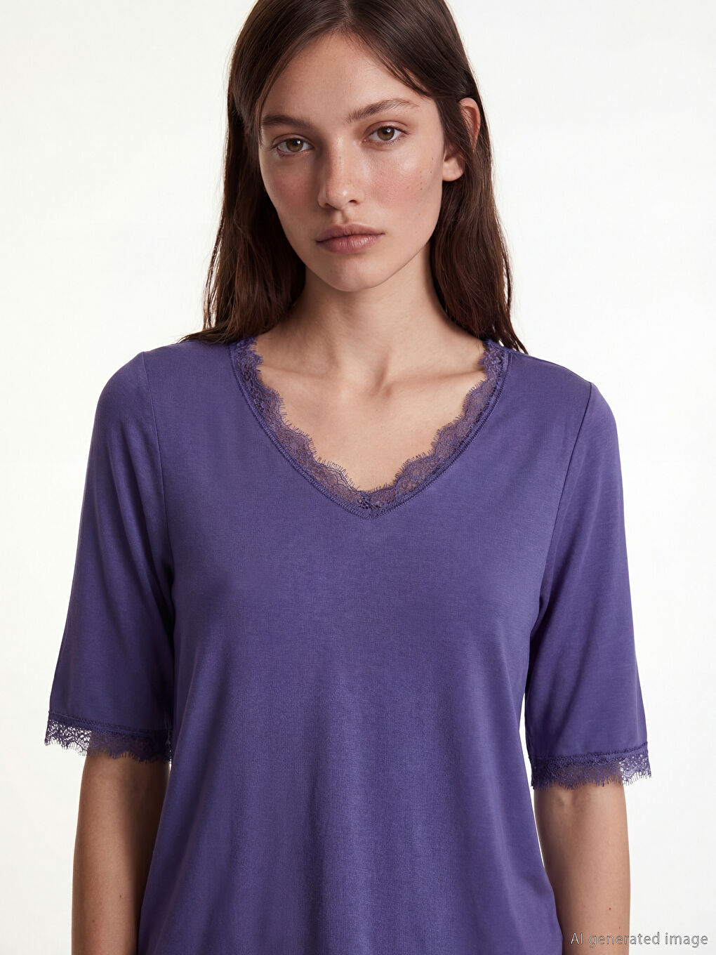 Mor V Yaka Dantel Detaylı Kadın Pijama Takım-1